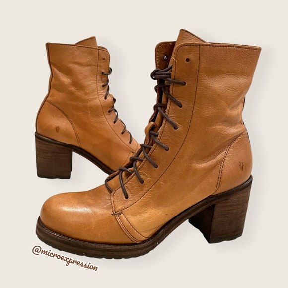 Frye Karen Cognac Tan Leather Combat Lace Up Combat Wood Block Heel Ankle Boot - Picture 9 of 16